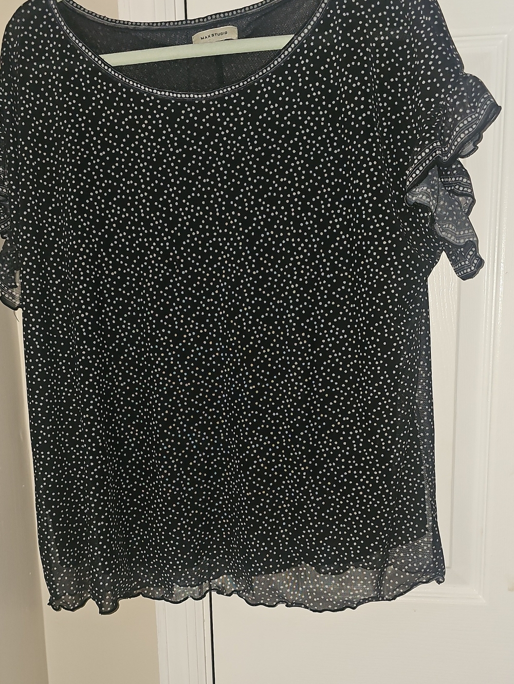 Madison Black Polka Dot Short Sleeve Blouse with Ruffle Sleeves